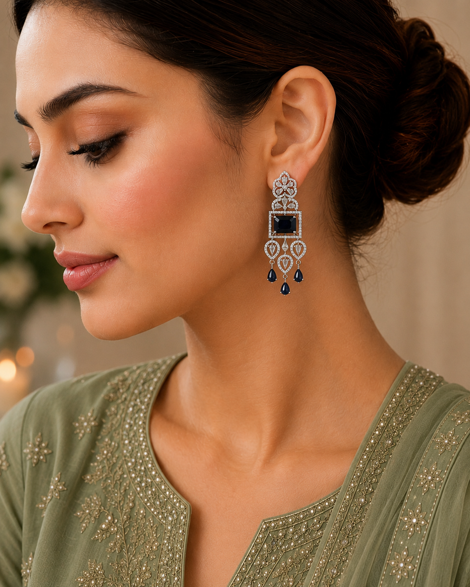 American Diamond Long Rhodium Plated Dangle Earrings