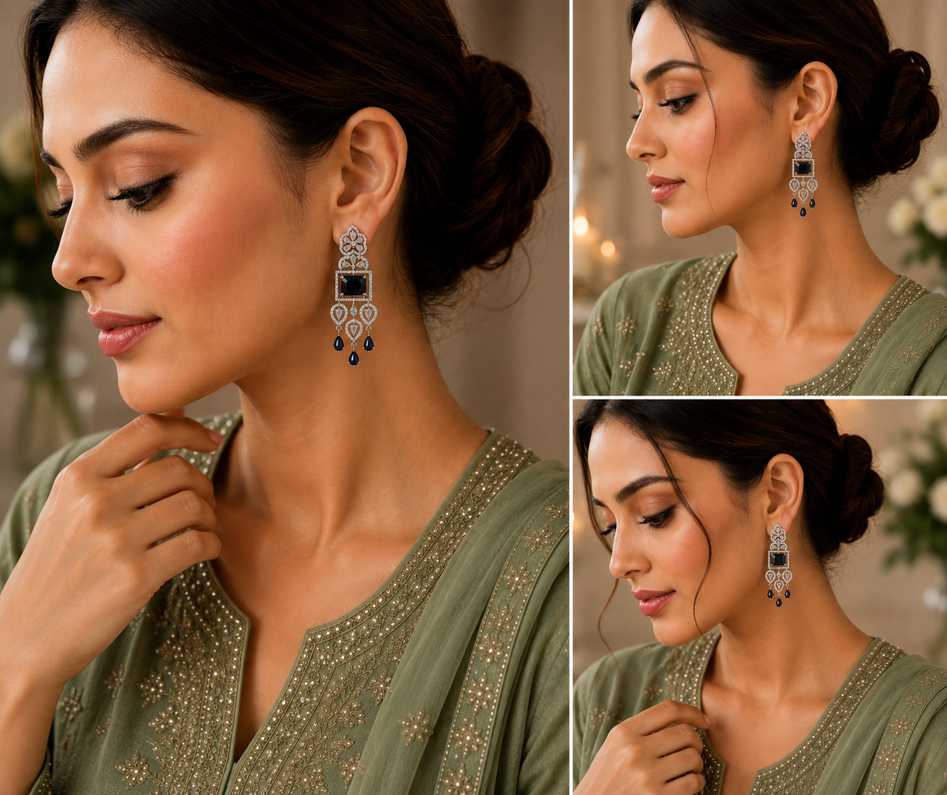 American Diamond Long Rhodium Plated Dangle Earrings