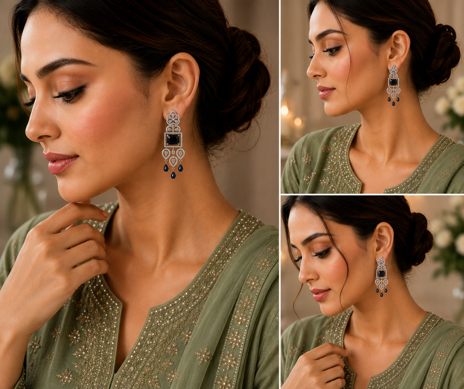 American Diamond Long Rhodium Plated Dangle Earrings