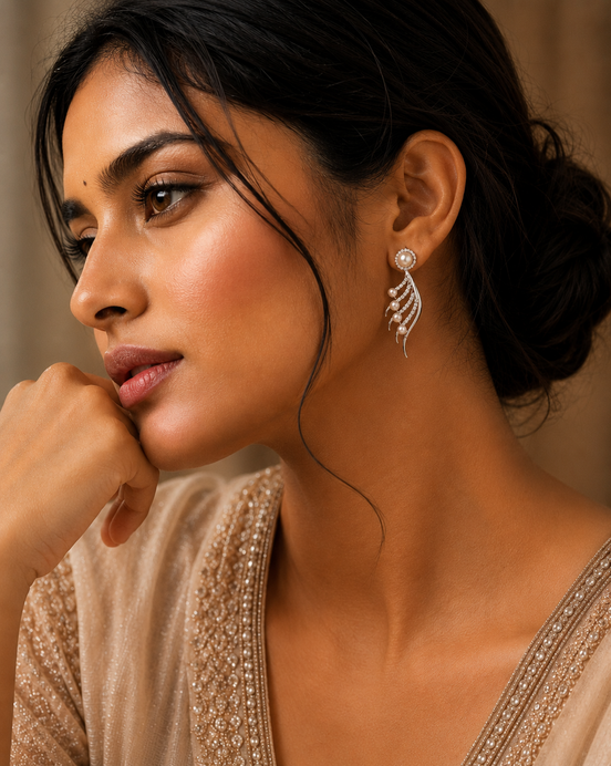 Rhodium-Plated Cubic Zirconia & Pearl Feather Earrings