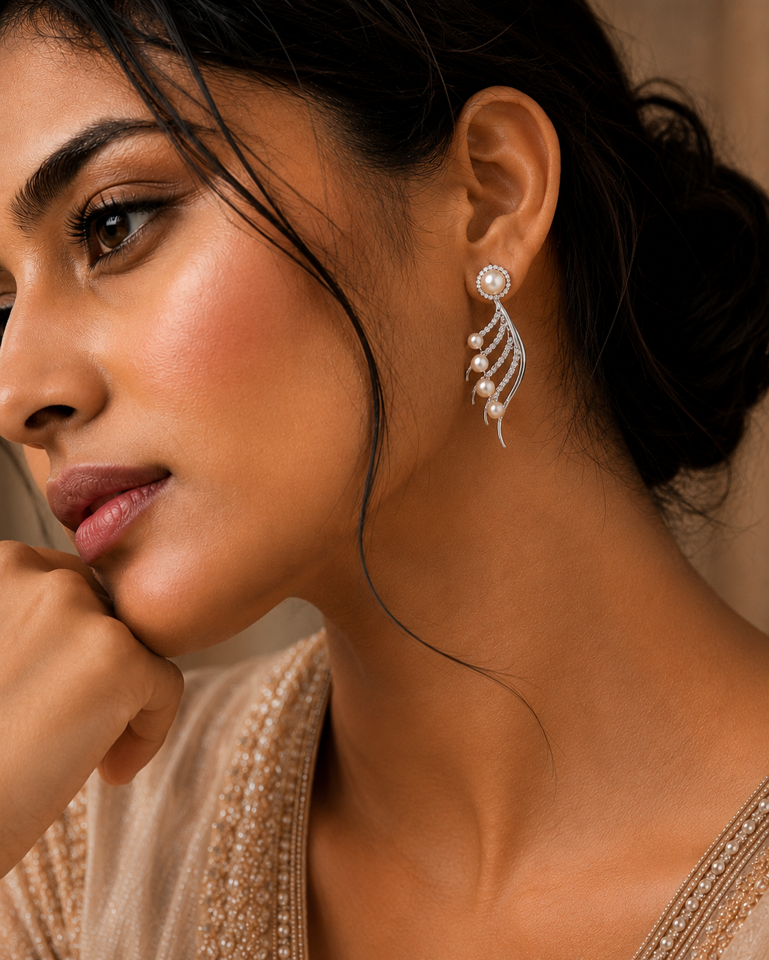 Rhodium-Plated Cubic Zirconia & Pearl Feather Earrings