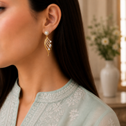 Gold-Plated Cubic Zirconia & Pearl Feather Earrings