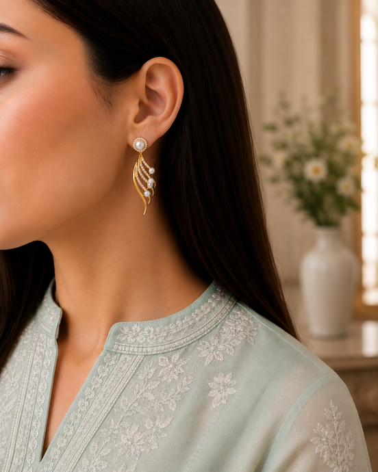 Gold-Plated Cubic Zirconia & Pearl Feather Earrings