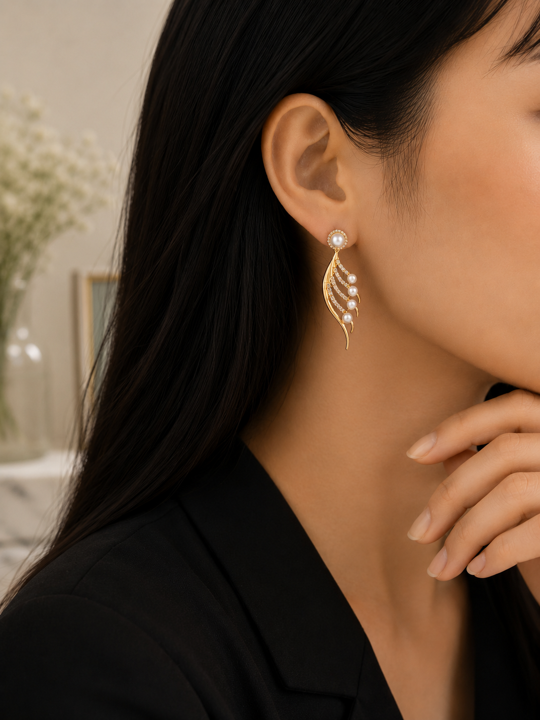 Gold-Plated Cubic Zirconia & Pearl Feather Earrings