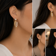 Gold-Plated Cubic Zirconia & Pearl Feather Earrings