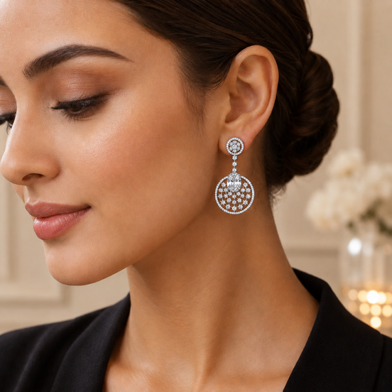 Rhodium Plated American Diamond Stones Dangler Earrings