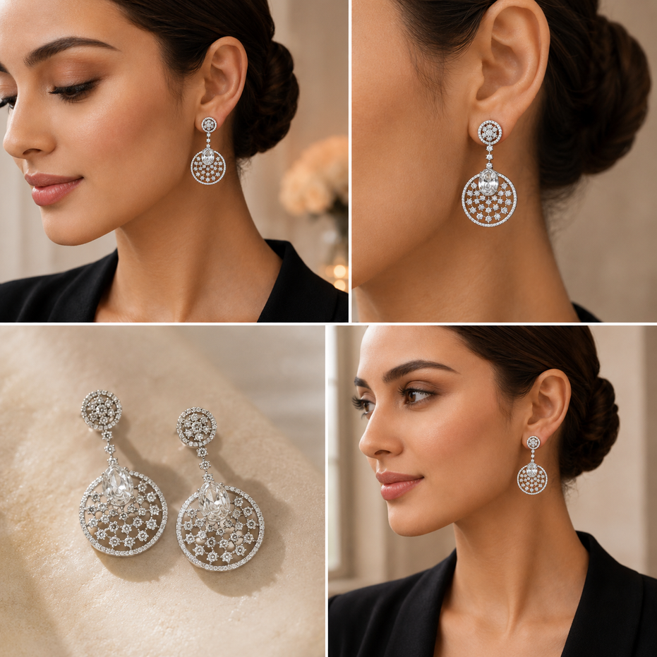 Rhodium Plated American Diamond Stones Dangler Earrings