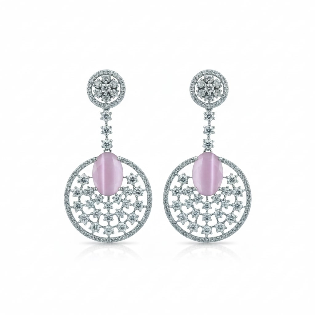 Rhodium Plated American Diamond Stones Dangler Earrings