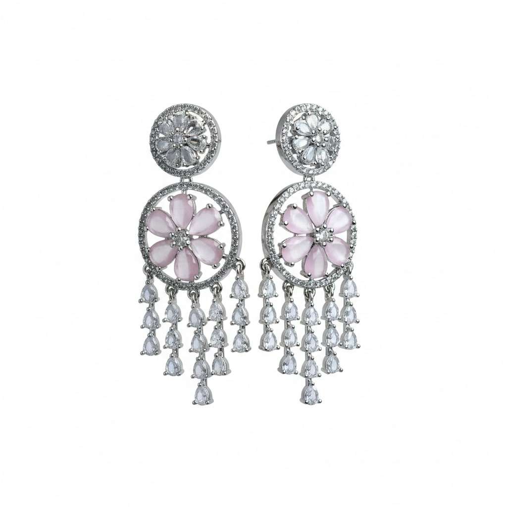 Pink Stone American Diamond Dangler Earrings