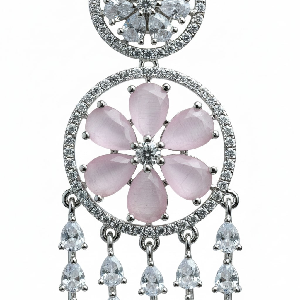 Pink Stone American Diamond Dangler Earrings