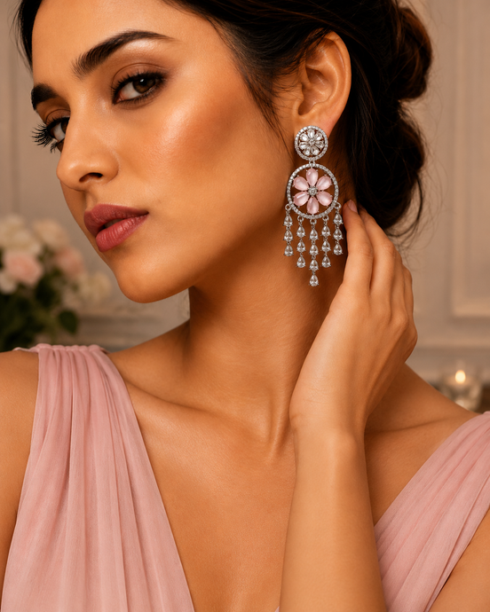 Pink Stone American Diamond Dangler Earrings