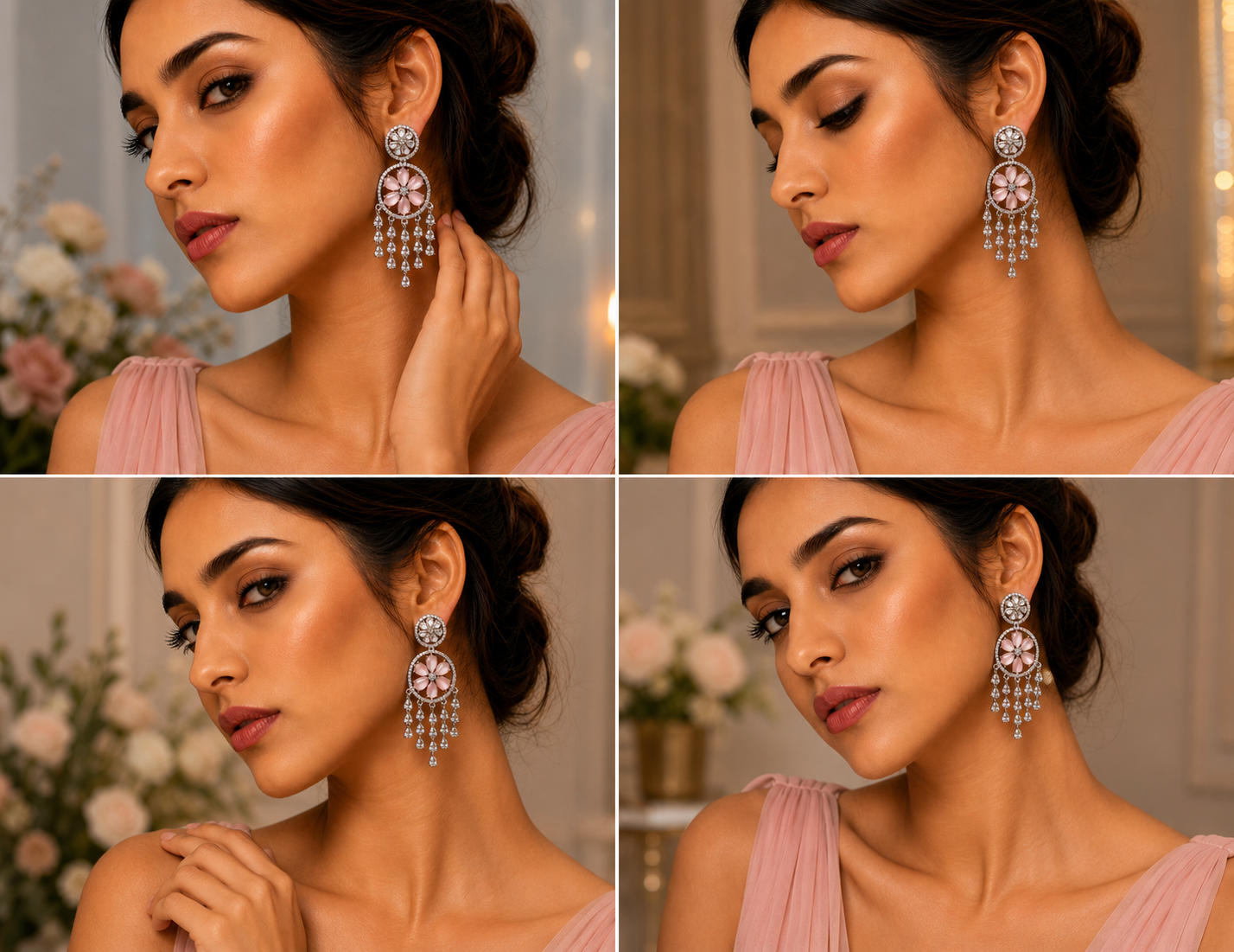 Pink Stone American Diamond Dangler Earrings