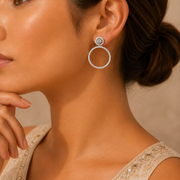 Crystal Double Circle Rhodium Plated Drop Earrings