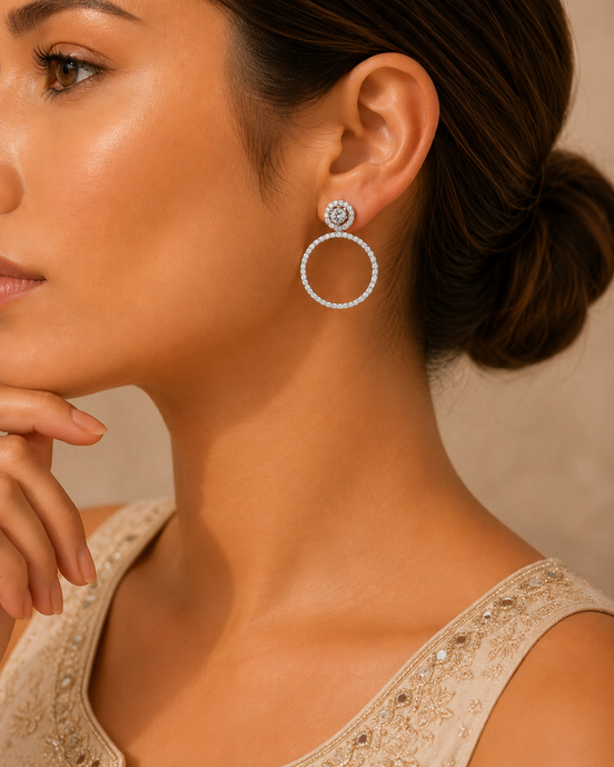 Crystal Double Circle Rhodium Plated Drop Earrings