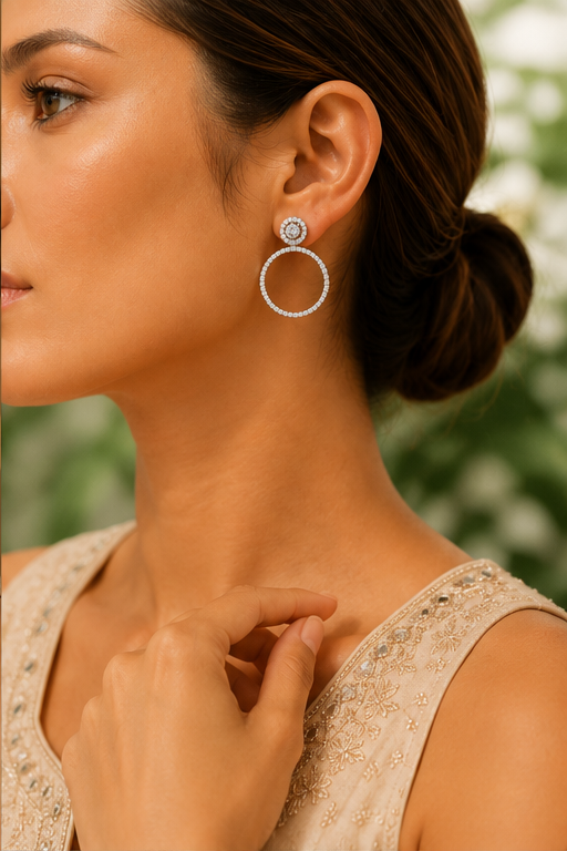Crystal Double Circle Rhodium Plated Drop Earrings