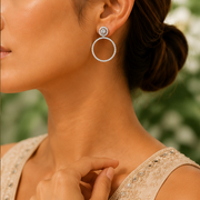 Crystal Double Circle Rhodium Plated Drop Earrings