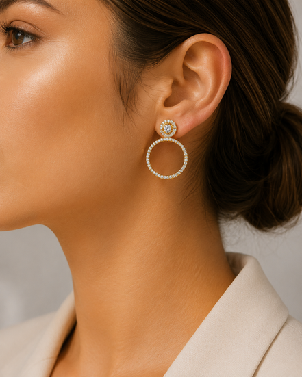 Crystal Double Circle Gold Plated Drop Earrings