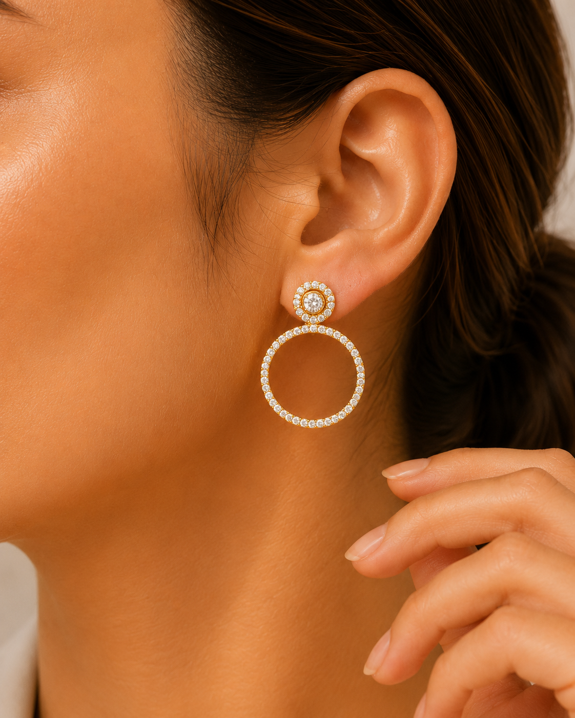 Crystal Double Circle Gold Plated Drop Earrings