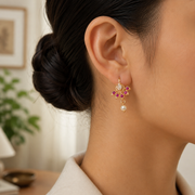 Gold Plated Floral Leaf Pattern Pearl Drop Earrings