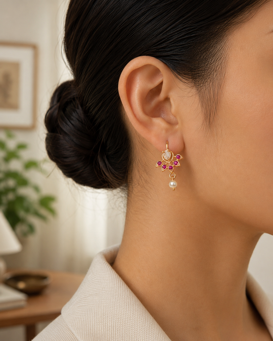 Antique Style Leaf Bugadi Earrings with Pearl Drop