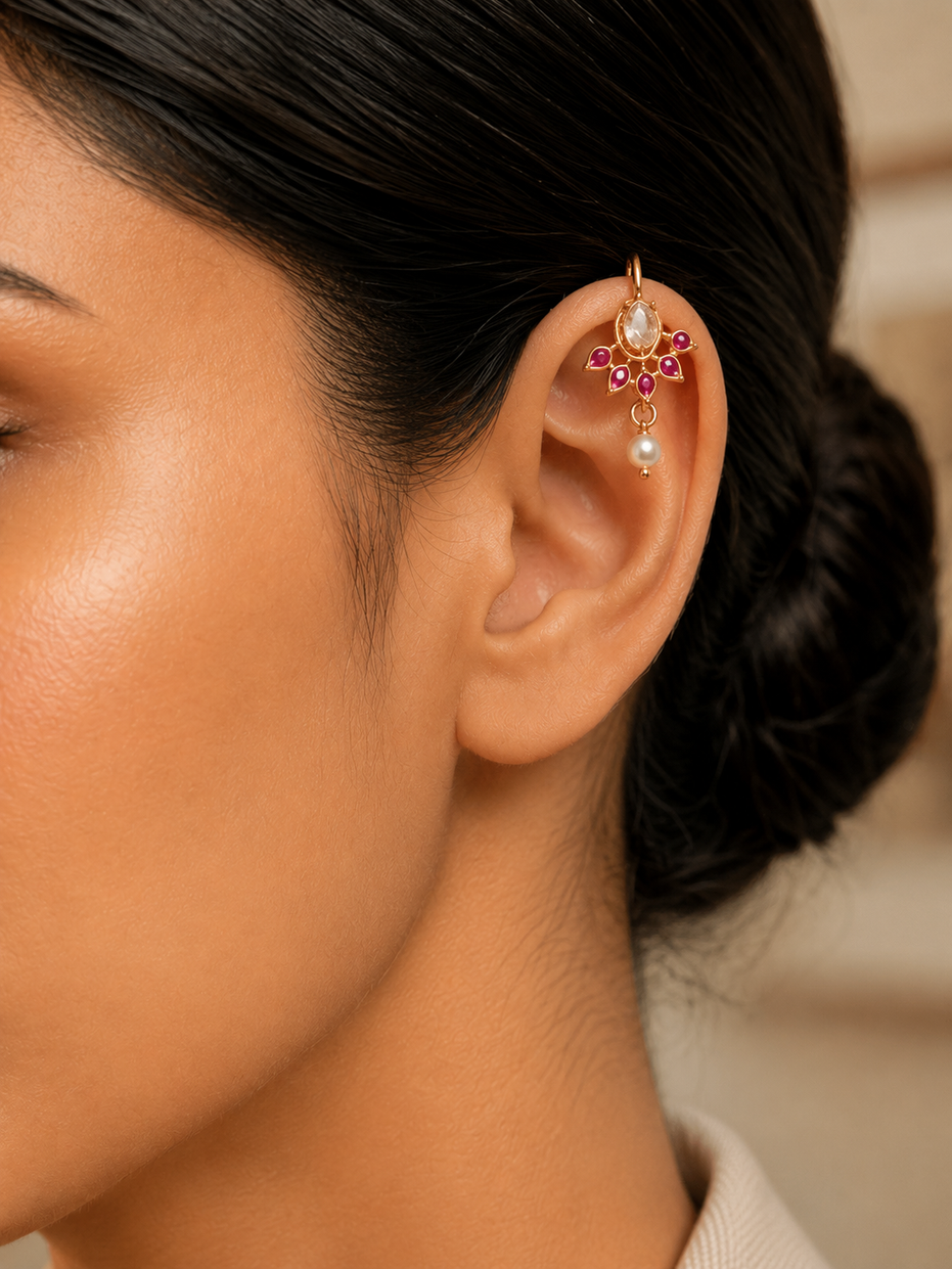 Gold Plated Floral Leaf Pattern Pearl Drop Earrings