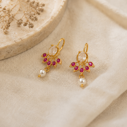 Antique Style Leaf Bugadi Earrings with Pearl Drop
