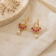 Gold Plated Floral Leaf Pattern Pearl Drop Earrings