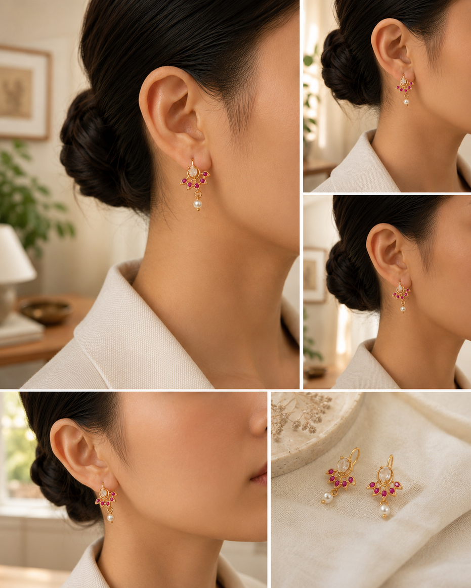 Gold Plated Floral Leaf Pattern Pearl Drop Earrings