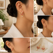 Gold Plated Floral Leaf Pattern Pearl Drop Earrings