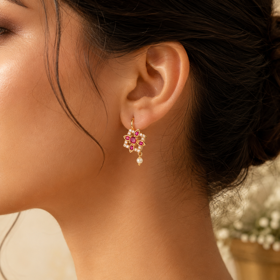 Gold Plated Floral Star Pattern Pearl Drop Earrings