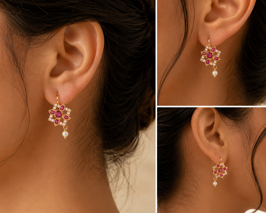 Gold Plated Floral Star Pattern Pearl Drop Earrings