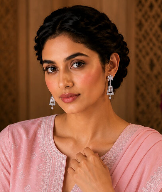 Rhodium Plated Dangle Earrings with Crystal Work