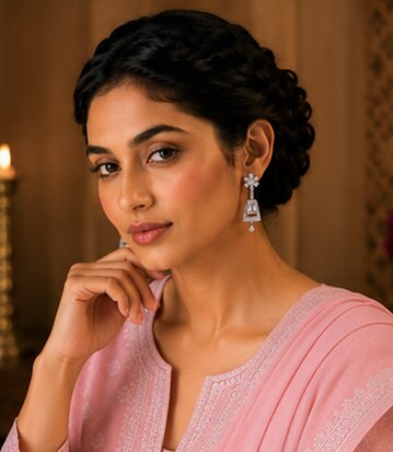 Rhodium Plated Dangle Earrings with Crystal Work