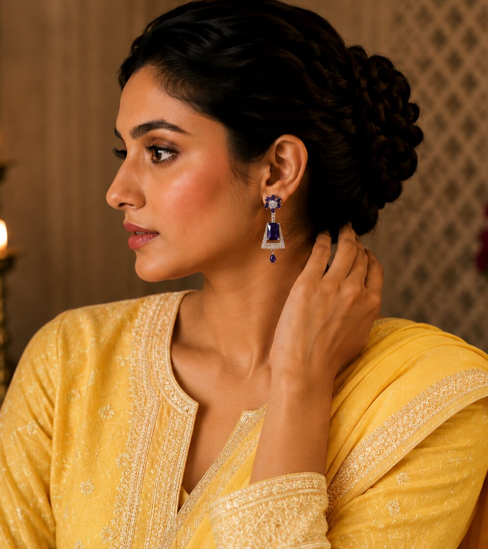 Rhodium Plated Dangle Earrings with Crystal Work