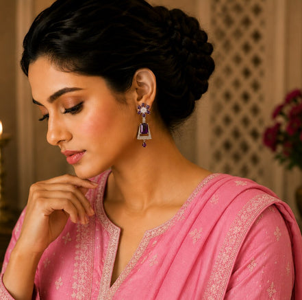 Rhodium Plated Dangle Earrings with Crystal Work