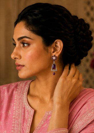 Rhodium Plated Dangle Earrings with Crystal Work