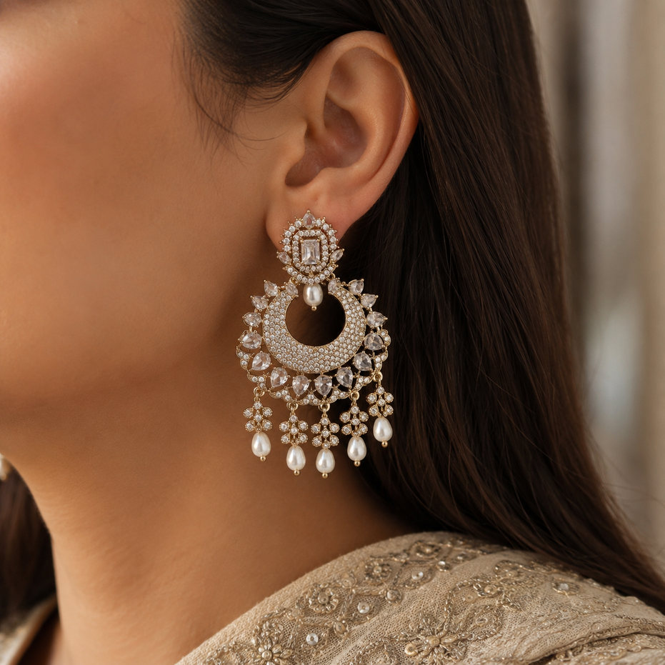 Mehendi Plated Chandelier Earrings with Stone Work