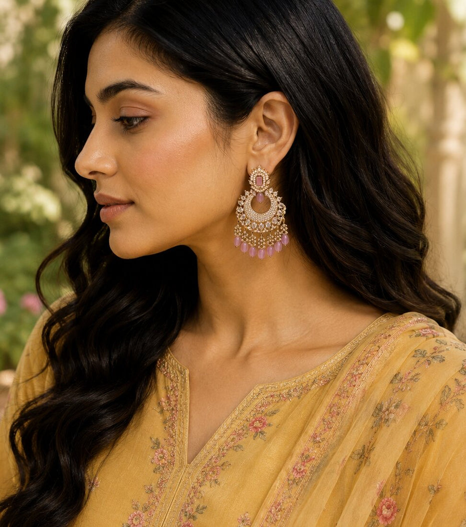 Mehendi Plated Chandelier Earrings with Stone Work