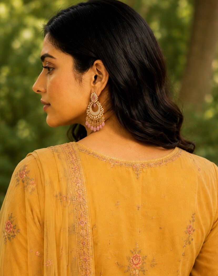 Mehendi Plated Chandelier Earrings with Stone Work