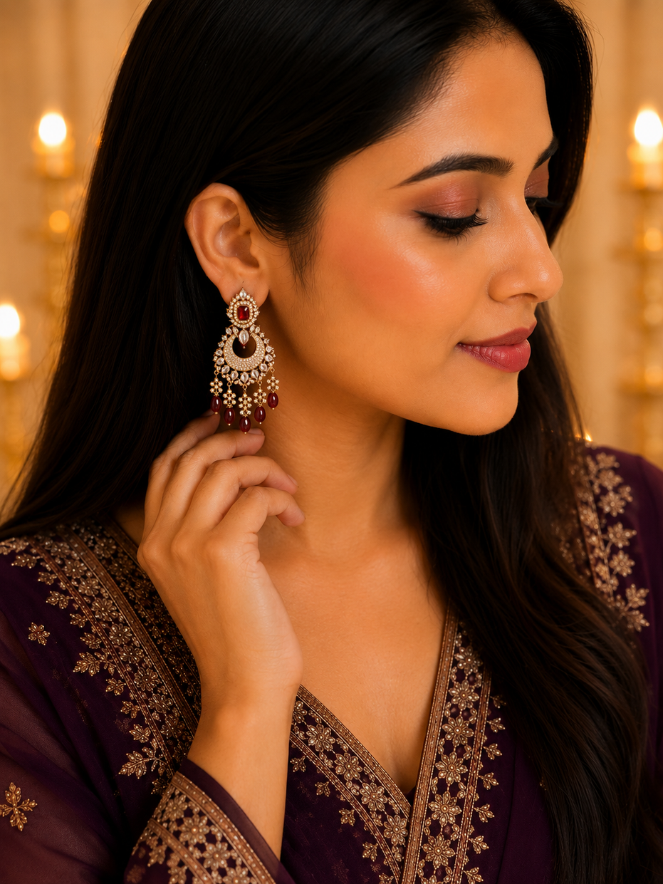 Mehendi Plated Chandelier Earrings with Stone Work