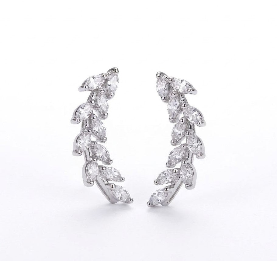 Rhodium Plated Leaf Design Crystal Ear Cuffs