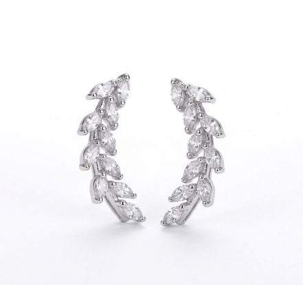 Rhodium Plated Leaf Design Crystal Ear Cuffs