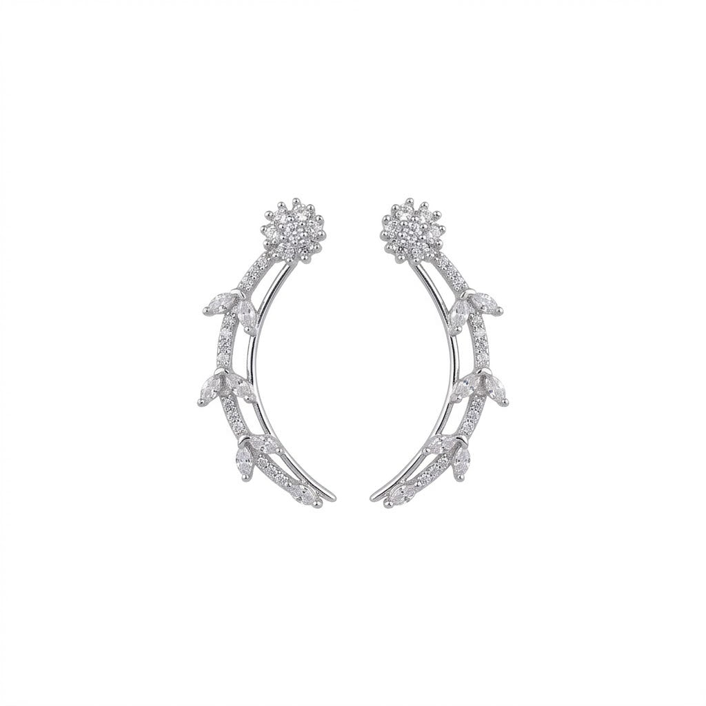 Rhodium Plated Floral Vine Crystal Ear Cuffs