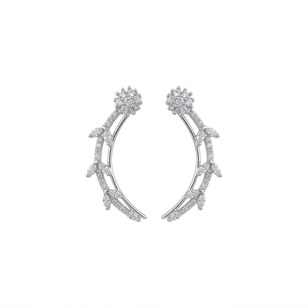Rhodium Plated Floral Vine Crystal Ear Cuffs