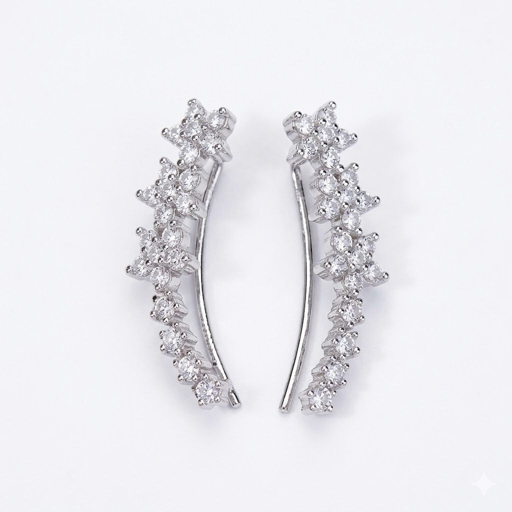 Rhodium Plated Curved Crystal Ear Cuffs