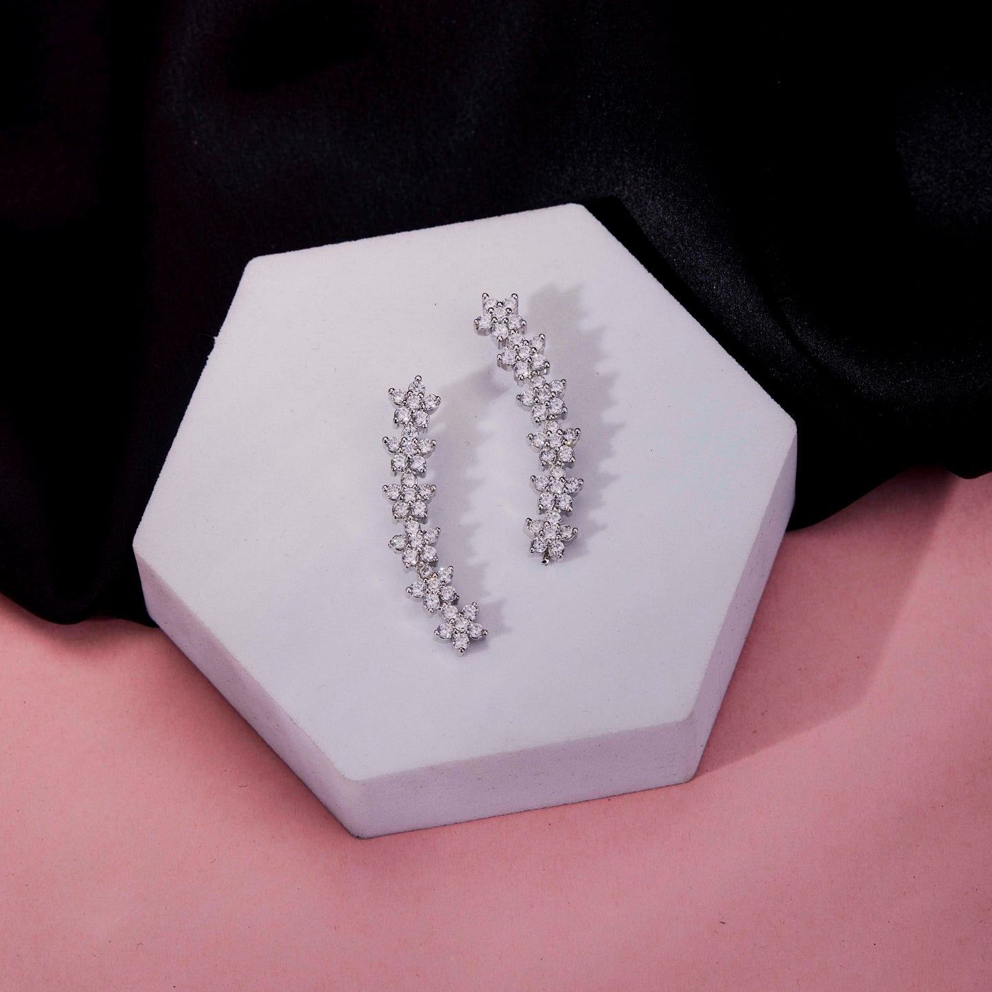 Rhodium Plated Floral Cluster Crystal Ear Cuffs