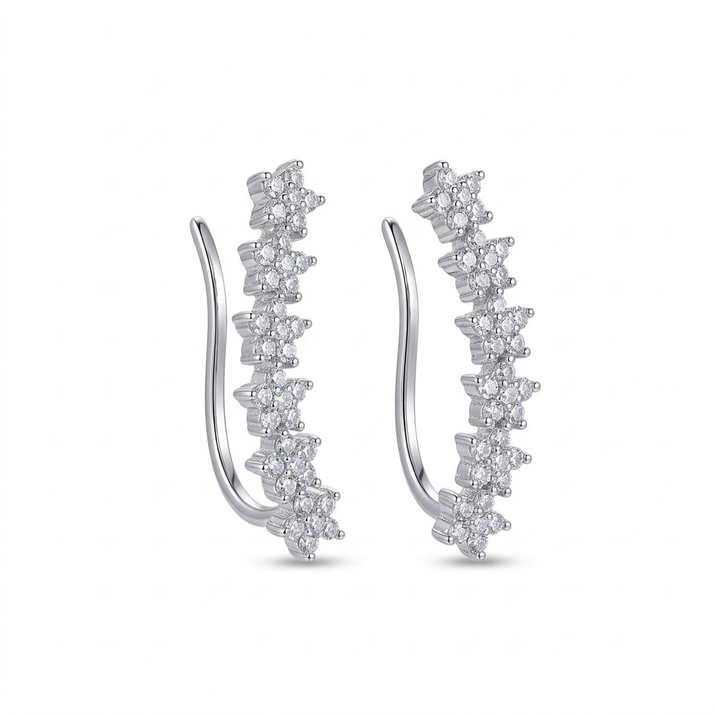 Rhodium Plated Floral Cluster Crystal Ear Cuffs