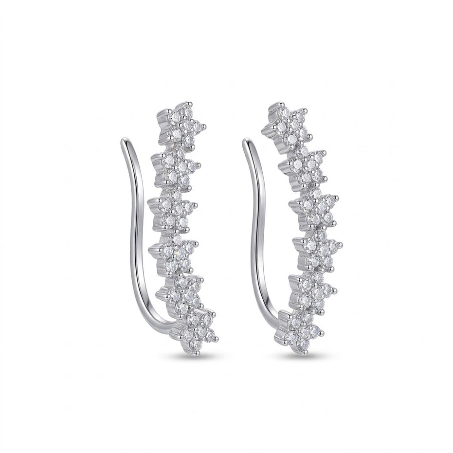 Rhodium Plated Floral Cluster Crystal Ear Cuffs