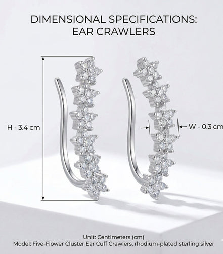 Rhodium Plated Floral Cluster Crystal Ear Cuffs