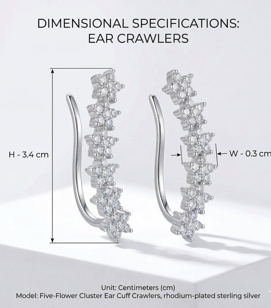 Rhodium Plated Floral Cluster Crystal Ear Cuffs